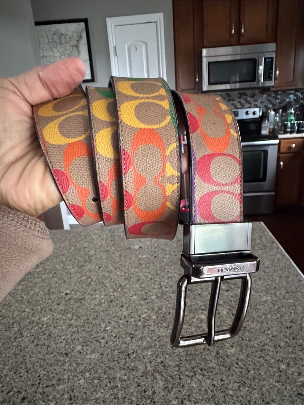 💛💙Coach Men’s Multicolor Logo  Print Belt 44”